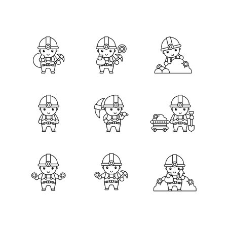 Set of people mining gold miner Black white outline Icon, Logo, and cute illustration Vectorのイラスト素材