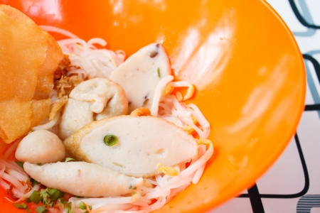 rice noodles  with fish ball and vegetablesの写真素材