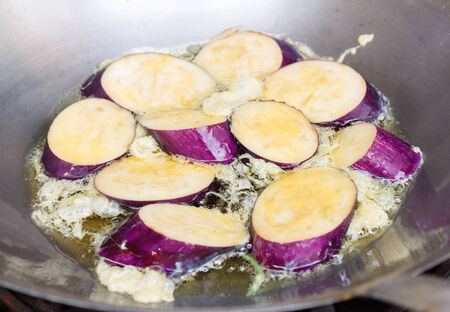 Fried Purple Eggplant Dipped in Eggの写真素材