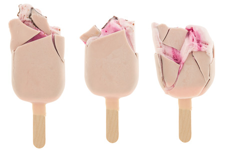 set of bitten ice cream coated strawberry chocolate isolated on white background
