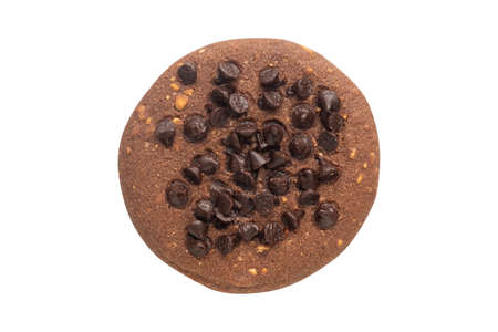 Top view of chocolate cookie with chocolate chips topping isolated on white backgroundの写真素材