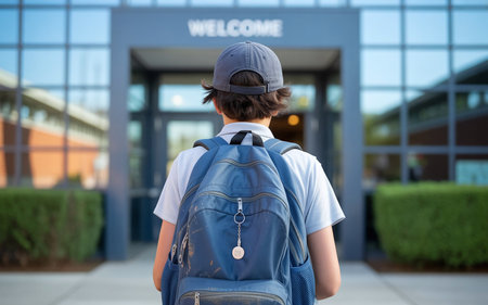 Rear view of schoolboy with backpack standing at entrance to schoolの素材