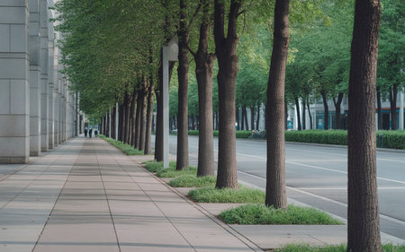 A row of trees in a row along a street in the cityの素材
