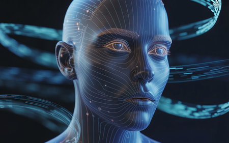 3d rendering of human face with binary code in cyberspaceの素材