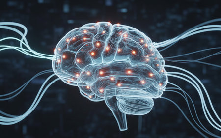 Artificial Intelligence Brain Circuit Concept with glowing light effect on dark backgroundの素材