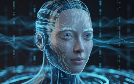 3d rendering of human face with binary code in cyberspaceの素材