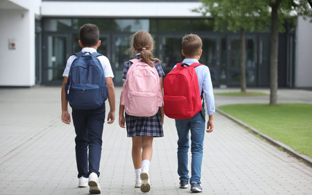 Back view of schoolchildren walking with backpacks on school corridor outdoorsの素材