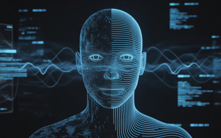 3d rendering of human face with binary code in cyberspaceの素材