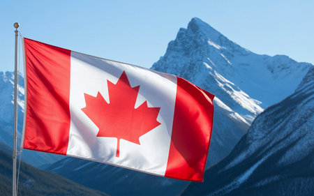 Canadian flag waving in the wind against the background of mountains and blue skyの素材