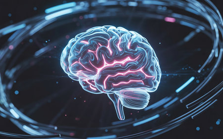 Artificial Intelligence Brain Circuit Concept with glowing light effect on dark backgroundの素材