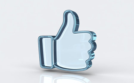 3D transparent glass-effect thumbs-up icon with soft shadows, isolated on white backgroundの素材