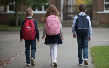 Back view of three schoolchildren with backpacks going to school togetherの素材