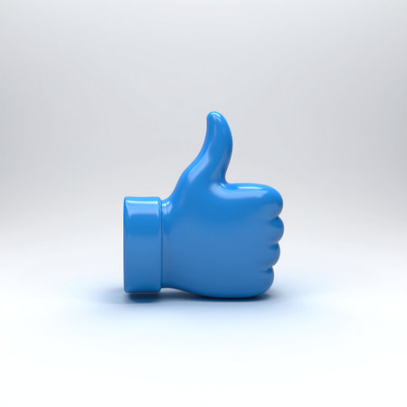 3D thumbs-up, Like symbol in glossy blue color, isolated on white backgroundの素材