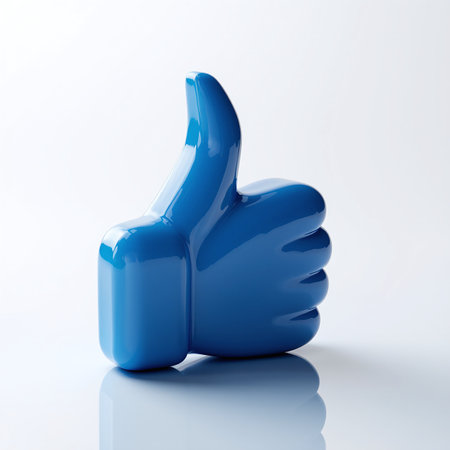 3D thumbs-up, Like symbol in glossy blue color, isolated on white backgroundの素材
