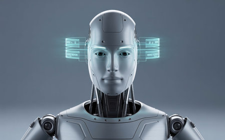Humanoid robot with glowing blue lights on grey background 3D renderingの素材