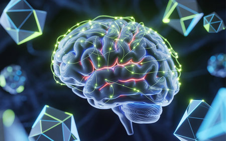 Artificial Intelligence Brain Circuit Concept with glowing light on dark background.の素材