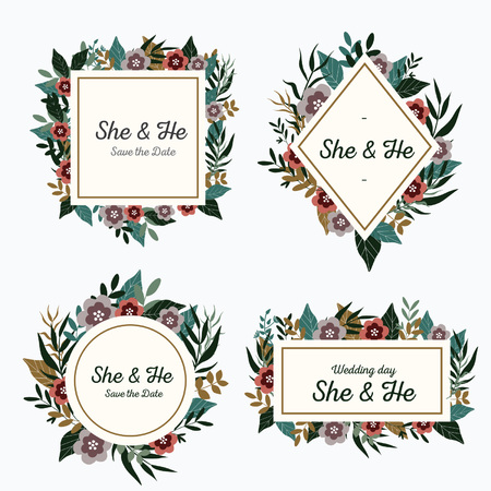 Set of wedding labels with flowers and ornamentsのイラスト素材