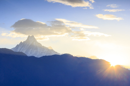 Machapuchare mountain range with sunrise view from Poonhill, famous trekking destination in Nepal.の写真素材