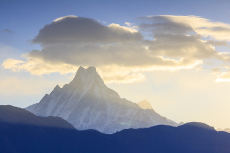Machapuchare mountain range with sunrise view from Poonhill, famous trekking destination in Nepal.の写真素材