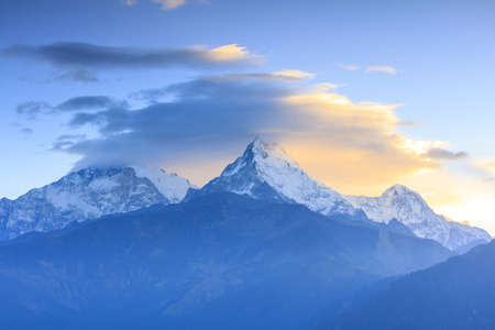Annapurna mountain range with sunrise view from Poonhill, famous trekking destination in Nepal.の写真素材
