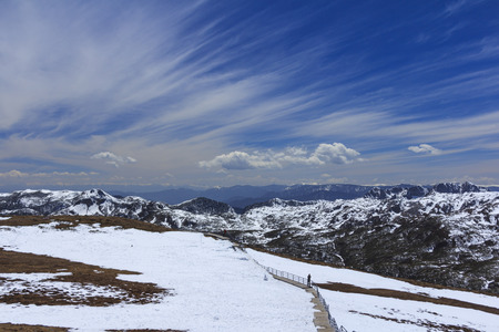 Snow mountain and blue sky at Blue Moon Valley, also called Shika Snow Mountain, located in Shangri-La (Zhongdian) of Yunnan, China.の写真素材