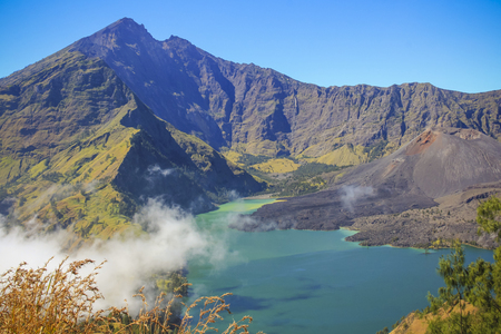 Panorama view of Mountain Rinjani, active volcano at Lombok island of Indonesiaの写真素材