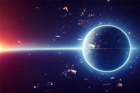 Broken satellites flying in orbit of planet Earth in dark space elegant, highly detailed artificial...