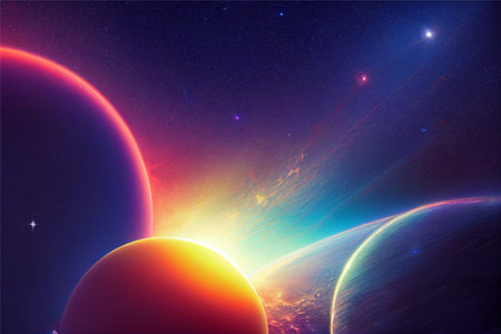 Awesome picure of planets, asteroids and bright sparks of glowing stars.