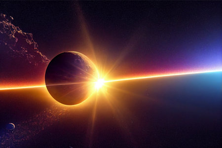 Awesome picure of planets, asteroids and bright sparks of glowing stars.の写真素材