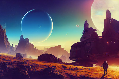 landscape with mountains, moon and spaceship.の写真素材