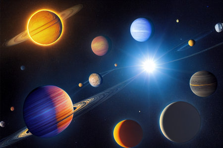 background glowing planets with sun.