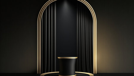 Black podium with black curtains. 3D rendering, 3d illustration.の写真素材
