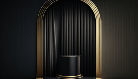 Black background with black curtain and golden podium.の写真素材