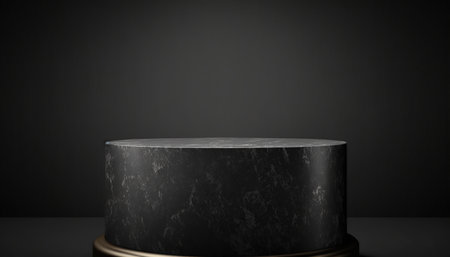 Black marble pedestal on black background. 3d illustration.の写真素材