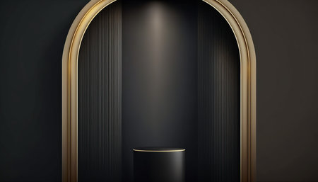 3D rendering of black podium for mock up presentation in minimalism style with golden arch and shadow on the wall.の写真素材