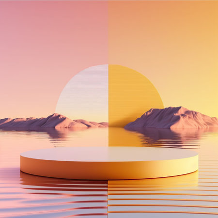 3d render of abstract minimal geometric forms. Glossy golden podium for your design.の写真素材