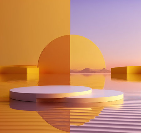 3d render of abstract minimal geometric forms. Glossy golden podium for your design.の写真素材