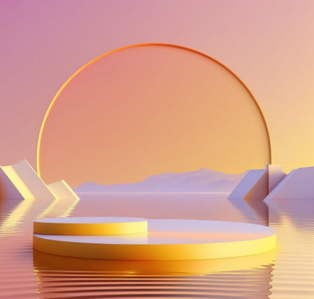 Abstract minimal geometric forms. Glossy golden podium for your design.の写真素材