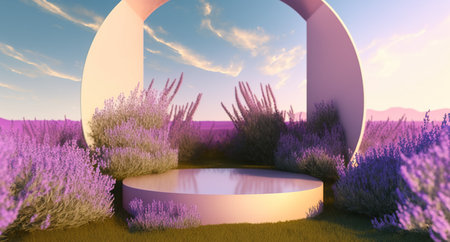 3d render of purple lavender field with round podium in sunsetの写真素材