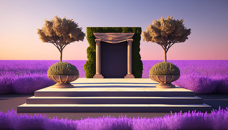 3d render of a lavender field with arch and columns at sunsetの写真素材