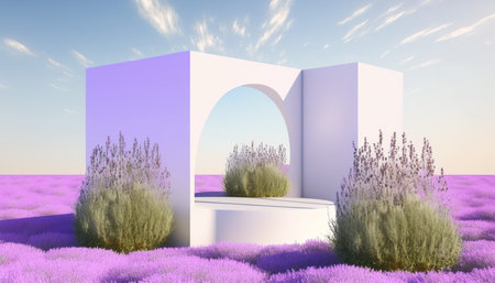 3d render of podium in lavender field with arch and flowersの写真素材