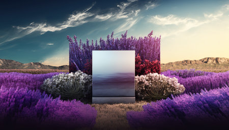 Lavender flowers field with blank photo frame. 3d renderingの写真素材