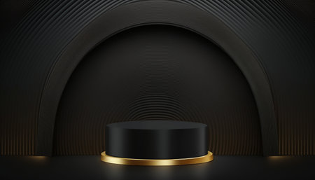 Black round podium on dark background, 3d rendering. Computer digital drawing.の写真素材
