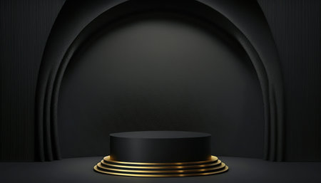 Black abstract background with round podium and black arch. 3d renderの写真素材