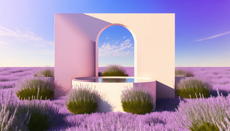 3d rendering of a lavender field with a round podium in the middleの写真素材