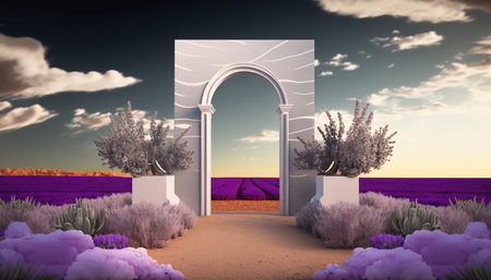 Arched entrance to lavender field at sunset. 3D renderingの写真素材