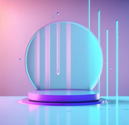 Abstract background with round podium and neon light.  3d renderの写真素材
