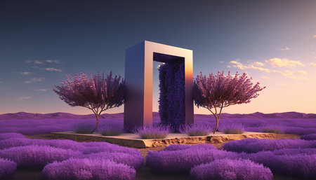 Entrance to lavender field at sunset. 3D rendering.の写真素材
