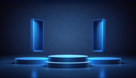 Abstract blue podium on dark blue background, 3d render illustration.の写真素材