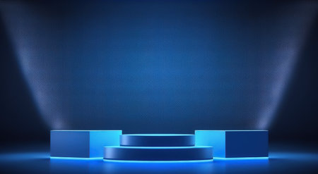 Stage podium with lighting, Stage Podium Scene with for Award Ceremony on blue Background. Vector illustrationの写真素材